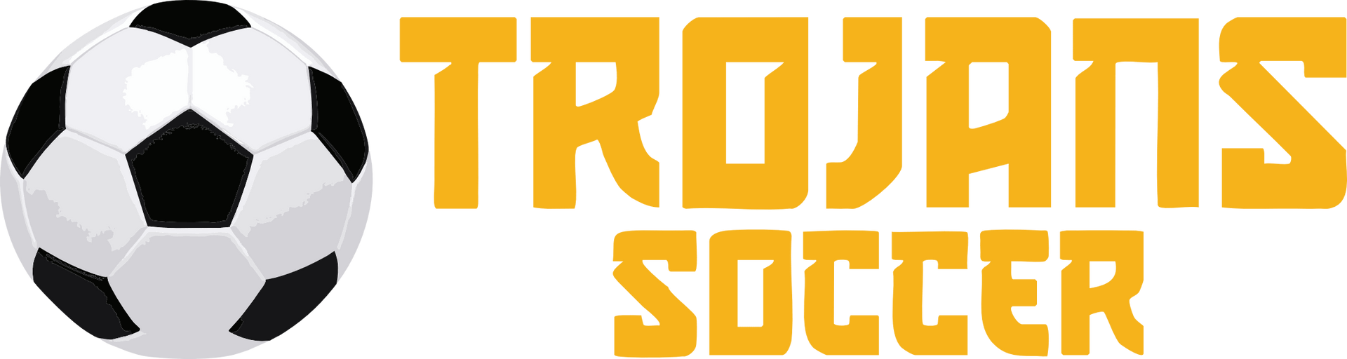 Trojans Soccer logo with a black-and-white soccer ball and bold orange text on white background