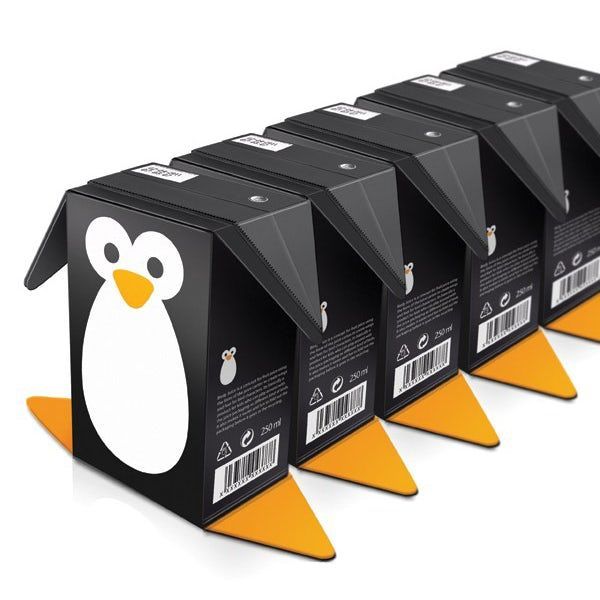 Five black boxes designed as penguins, with white bellies and orange feet, lined up.