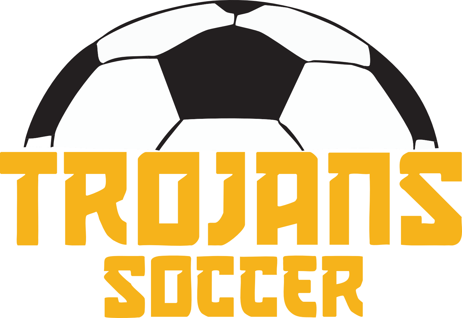 Trojans Soccer logo with a black-and-white soccer ball over bold gold text