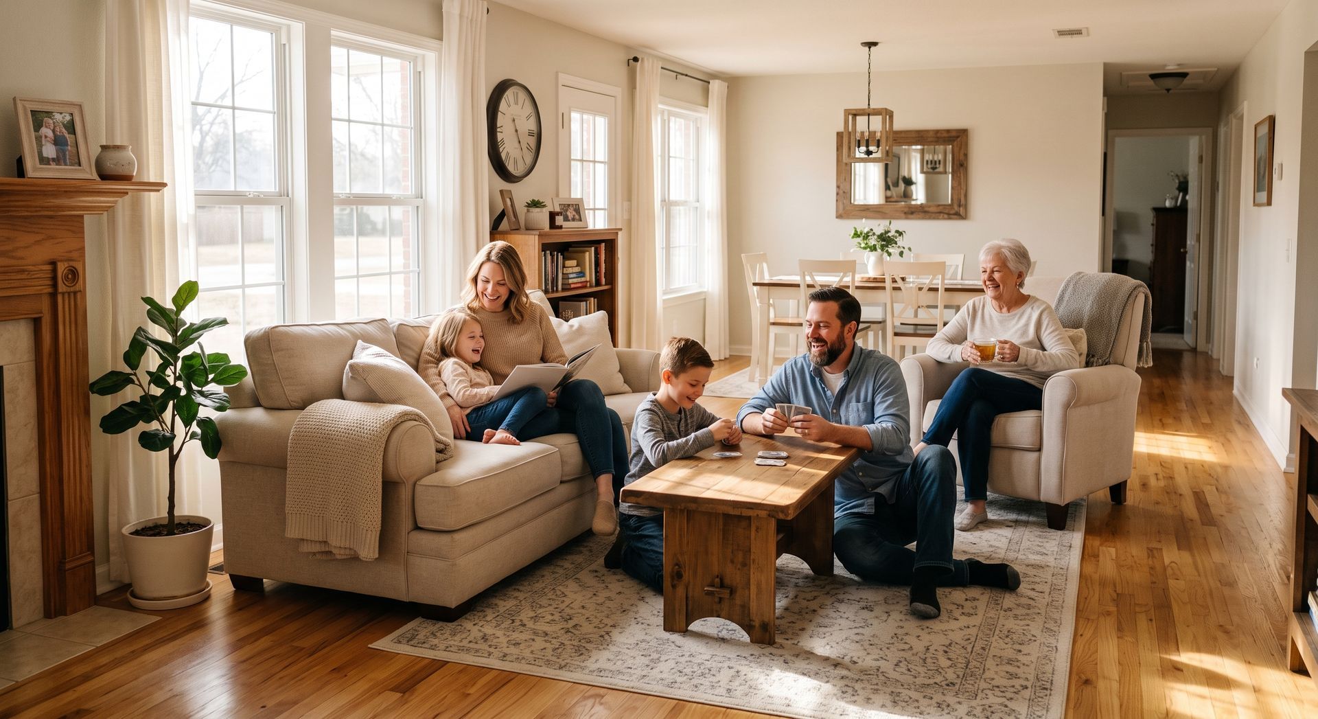 Family relaxing in a bright living room, talking and using a laptop around a coffee table