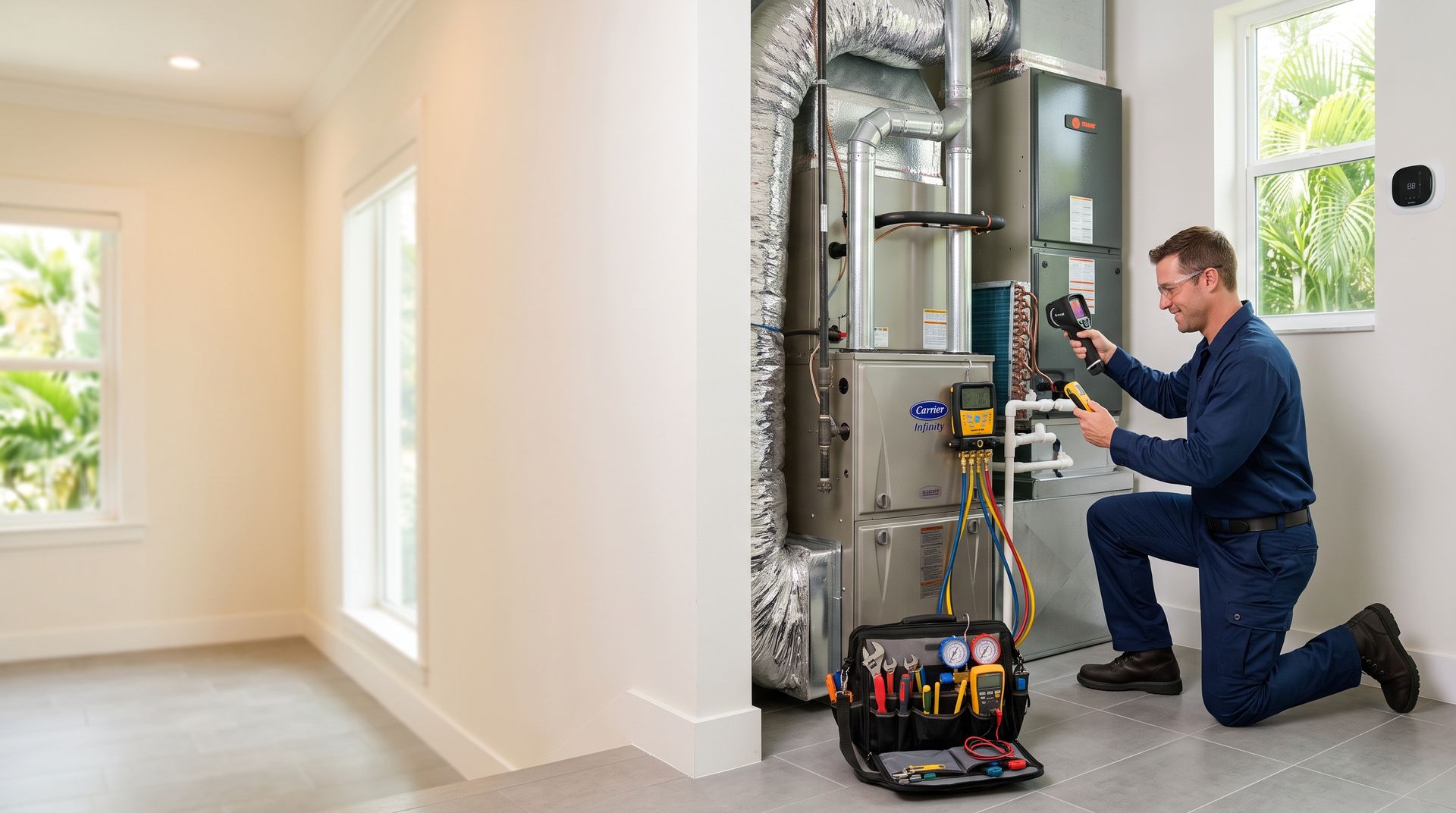 Technician kneels beside a home furnace, inspecting it with tools in a bright living room.