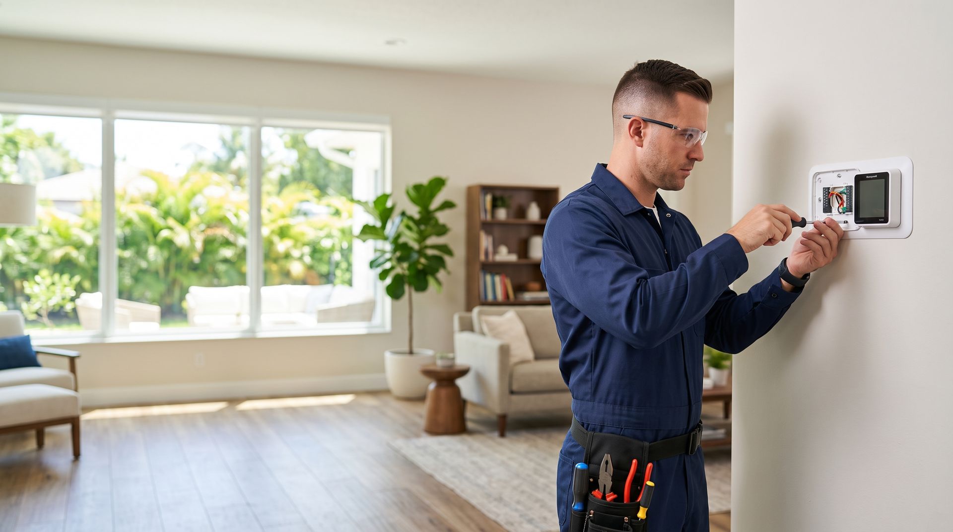 Technician adjusting a wall-mounted smart thermostat in a bright living room