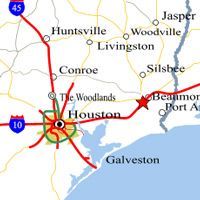 Map of southeast Texas with Houston and Galveston highlighted, including major cities and highways.