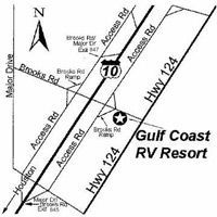 Map of Gulf Coast RV Resort, with highway and road directions.