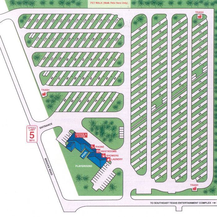 Map of an RV park with numbered campsites, office, pool, and amenities.