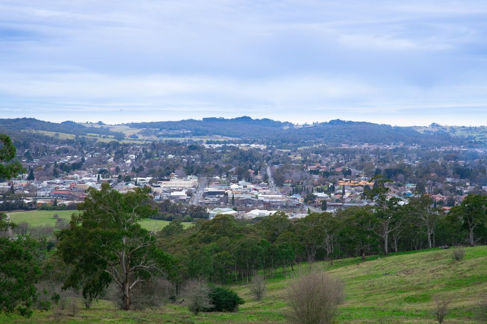 A View of A City from A Hill with Trees in The Foreground and Mountains — Leisure Coast Powder Coaters in Bowral, NSW