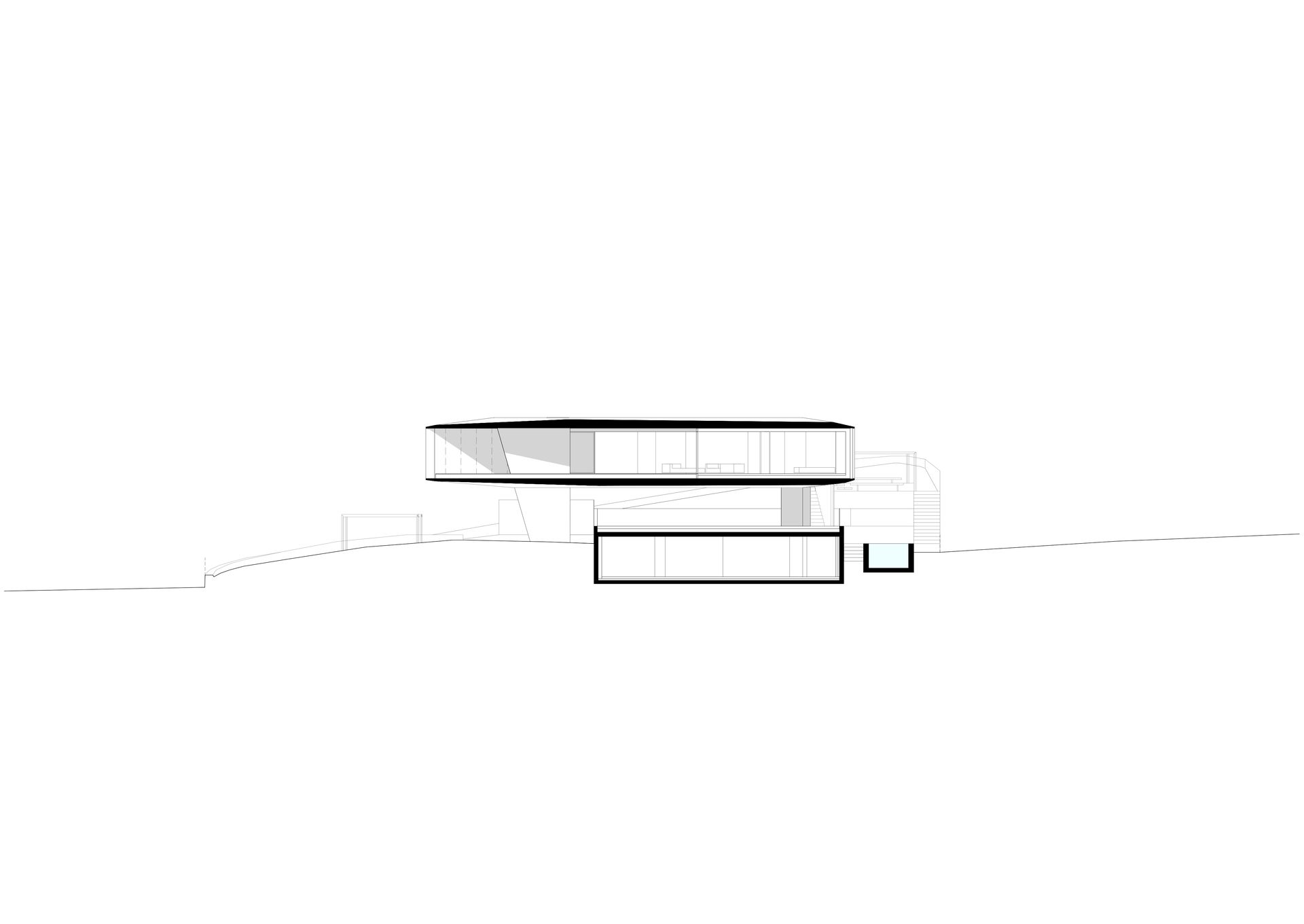 Disegno architettonico di un moderno edificio a due piani con tetto piano, caratterizzato da ampie finestre e pianta aperta.