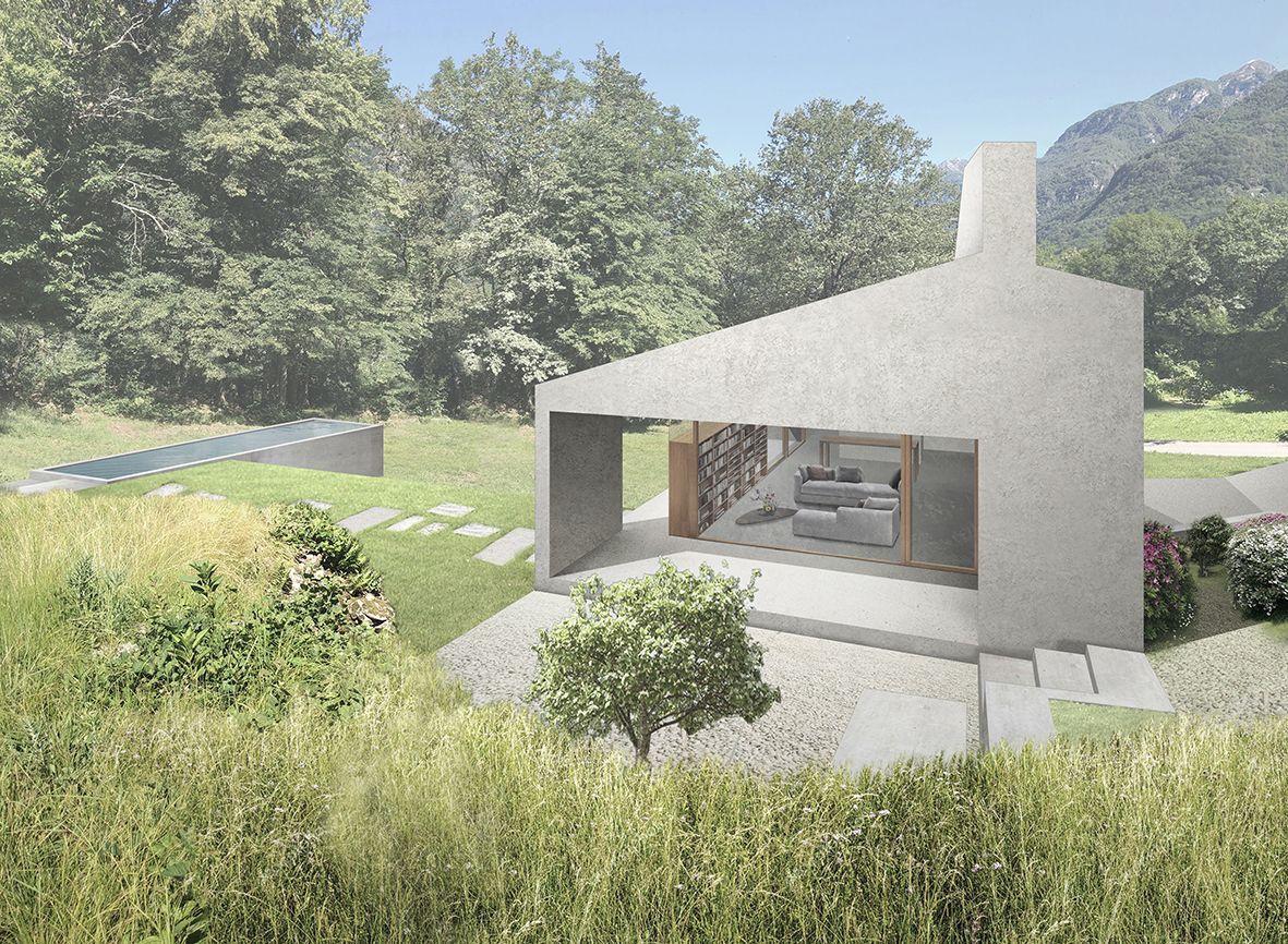 Moderna casa in cemento con piscina immersa nel verde.