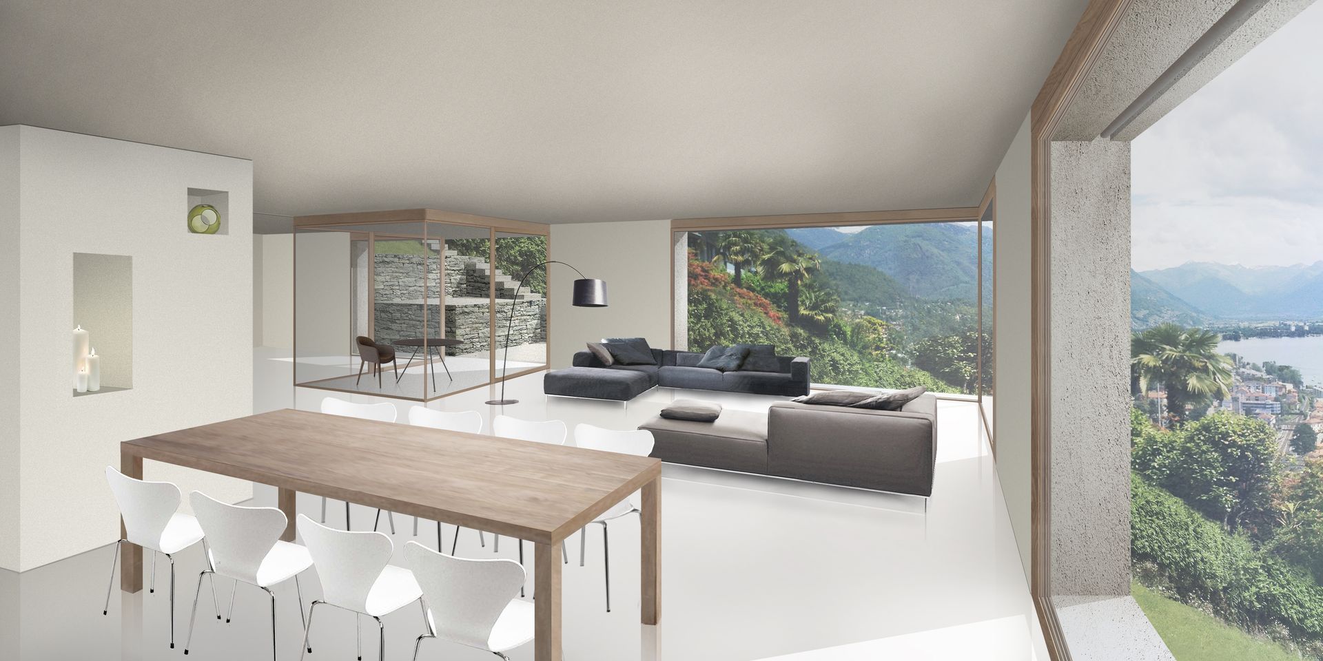 Vista interna di un moderno soggiorno e pranzo open space con ampie finestre che si affacciano su una vista imprendibile.