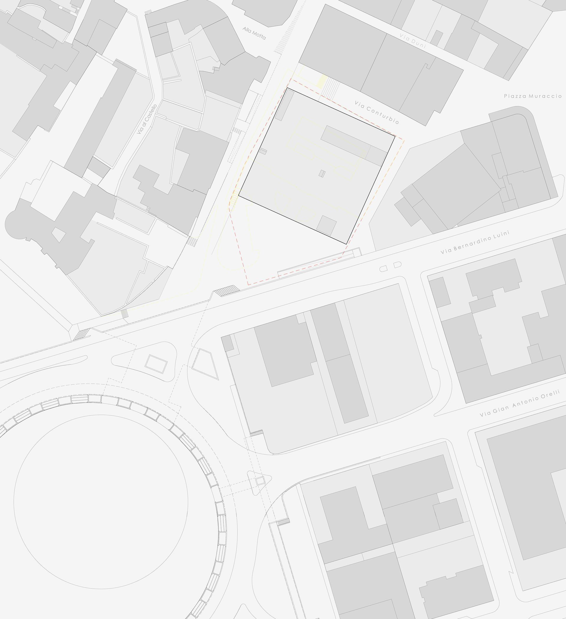 Visualizzazione mappa di edifici e strade in toni di grigio chiaro.