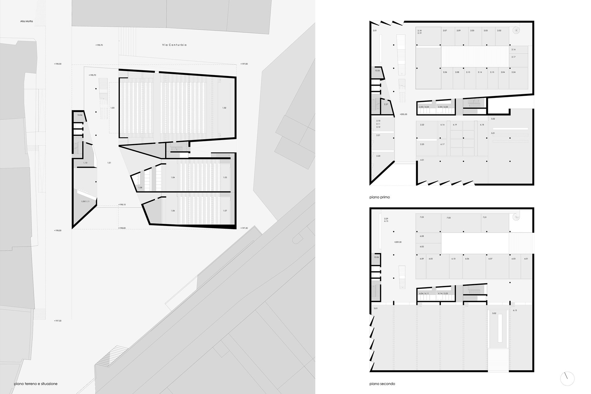 Progetti architettonici: planimetria degli edifici e planimetria del sito, scala di grigi.