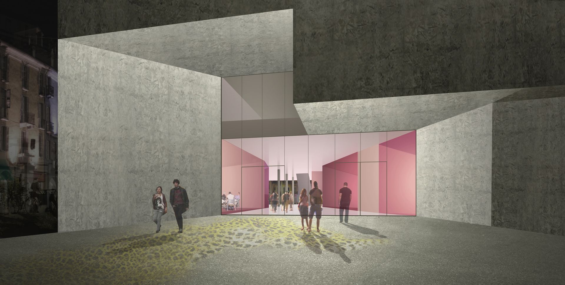 Vista esterna di un edificio moderno con interni rosa. Persone che camminano verso l'ingresso aperto di notte.