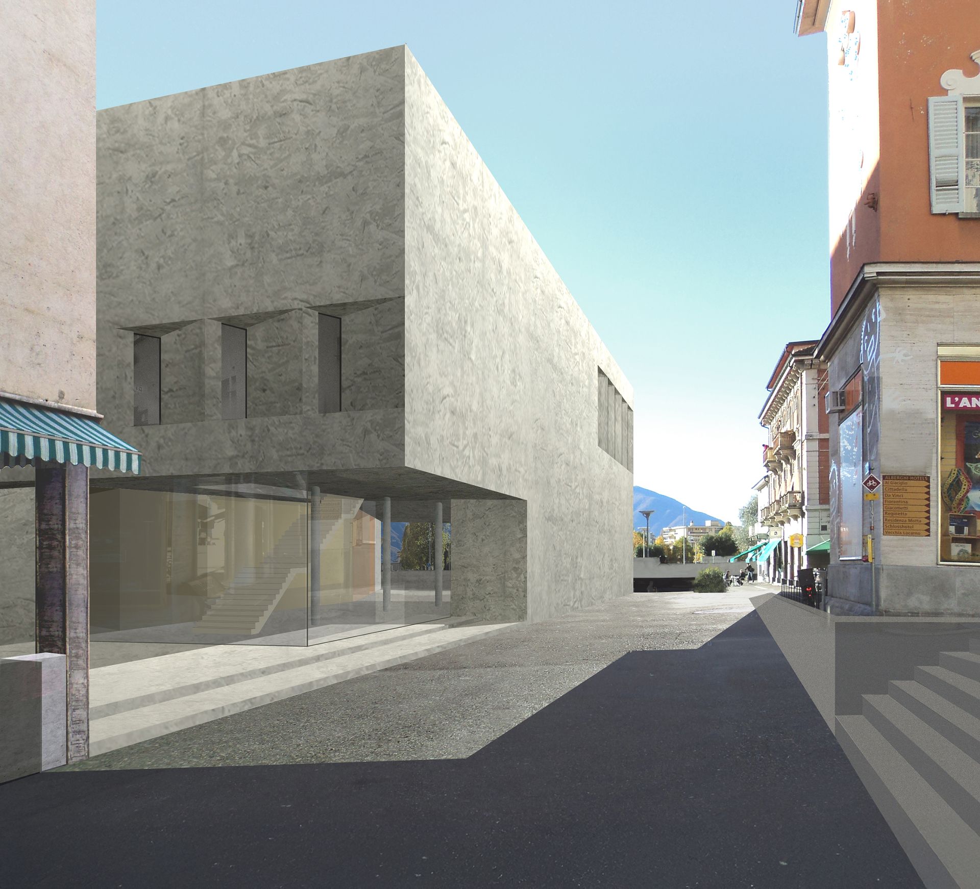 Moderno edificio in cemento con ingresso in vetro su una strada europea. Luce solare intensa.