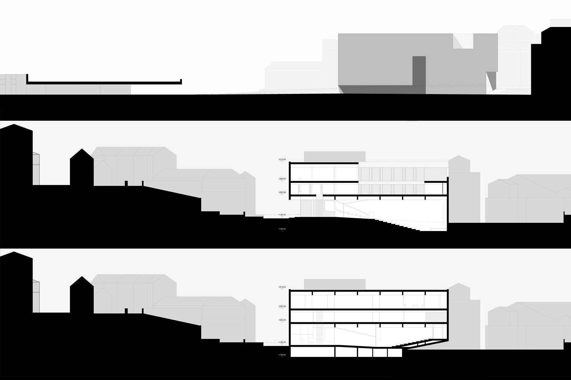 Tre disegni architettonici in elevazione che mostrano edifici e terreno in bianco e nero.