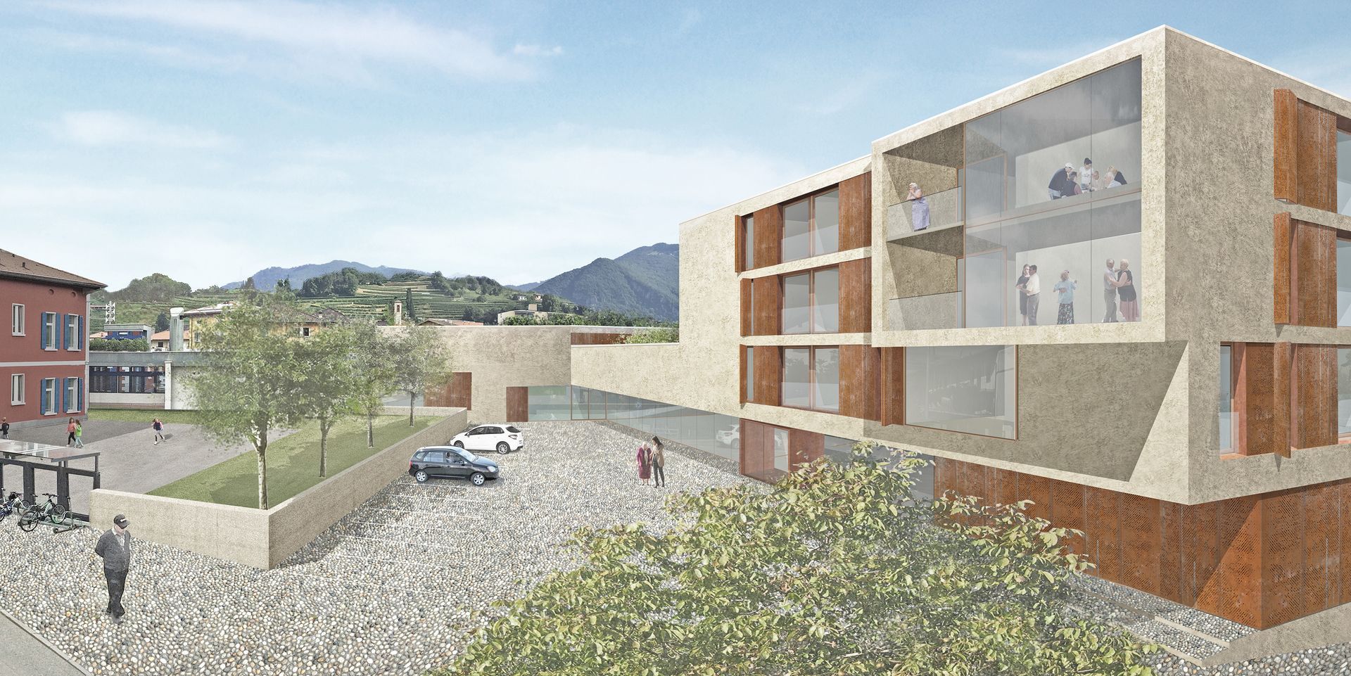 Rendering architettonico di un edificio moderno con cortile, circondato da edifici e montagne.