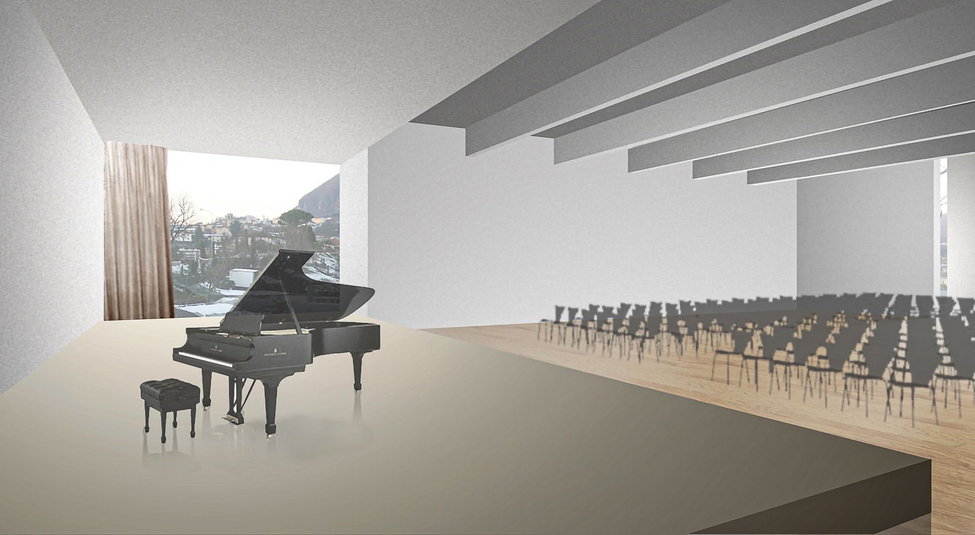 Un pianoforte e uno sgabello sono posizionati su un palco all'interno di una sala concerti minimalista, con posti a sedere.