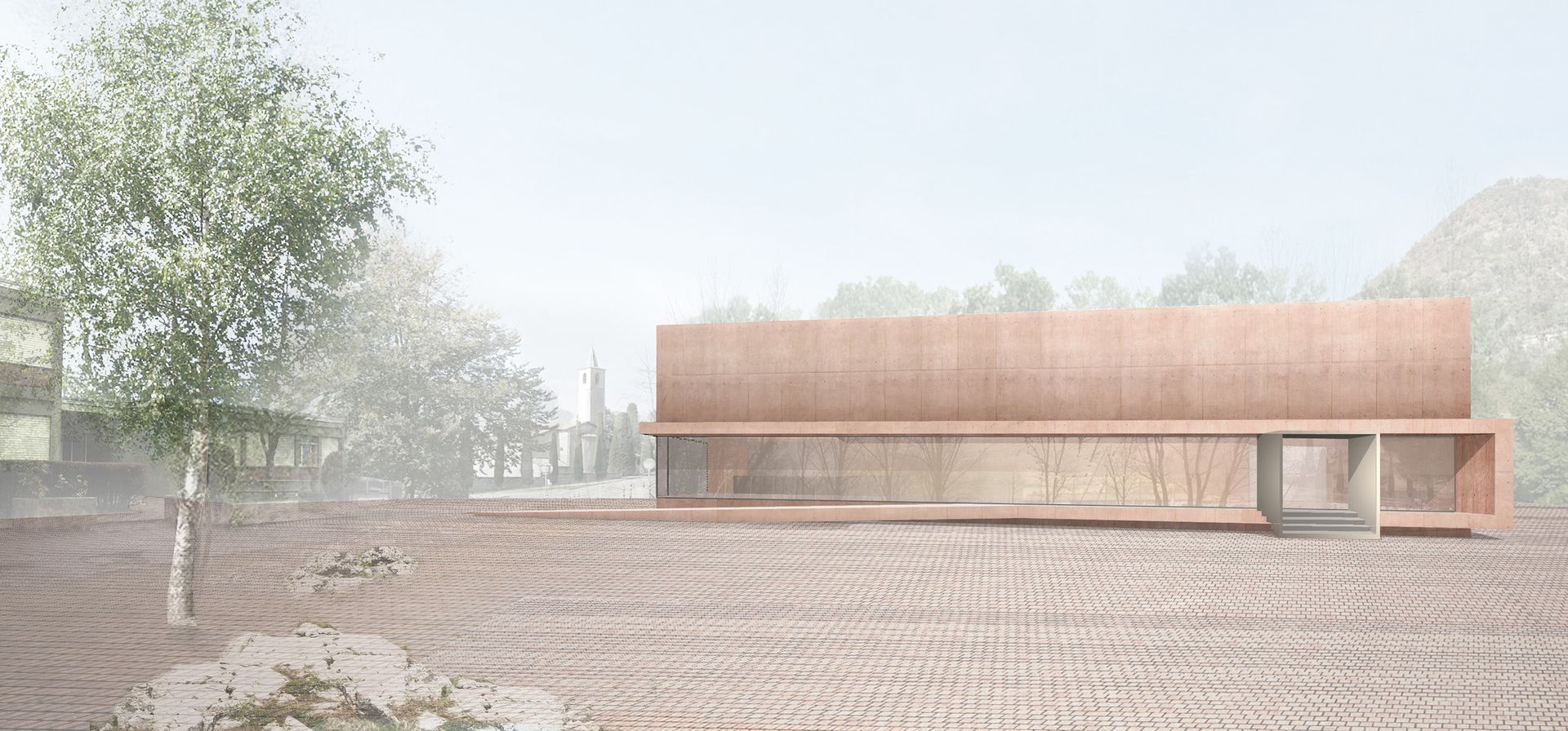 Un moderno edificio rettangolare con pannelli in legno, immerso in un campo alberato e immerso nella nebbia.