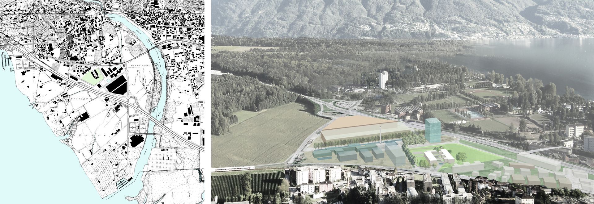 Una mappa e un rendering 3D di una città, che mostra edifici, acqua e montagne.