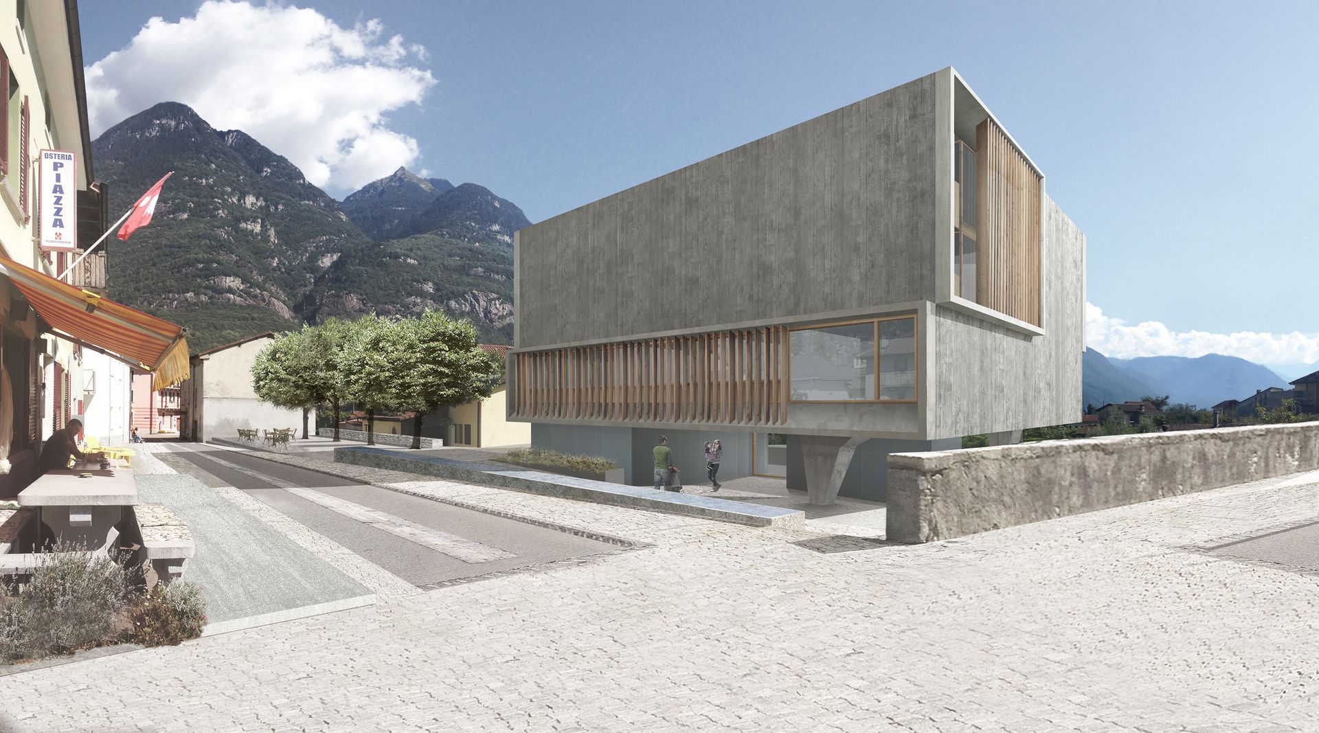 Moderno edificio in cemento con doghe in legno, montagne sullo sfondo.