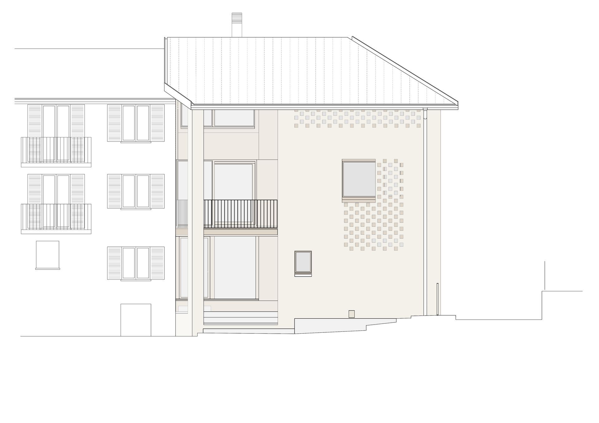 Vista laterale architettonica di un edificio con balcone, finestre e mattoni decorativi in stile minimalista.