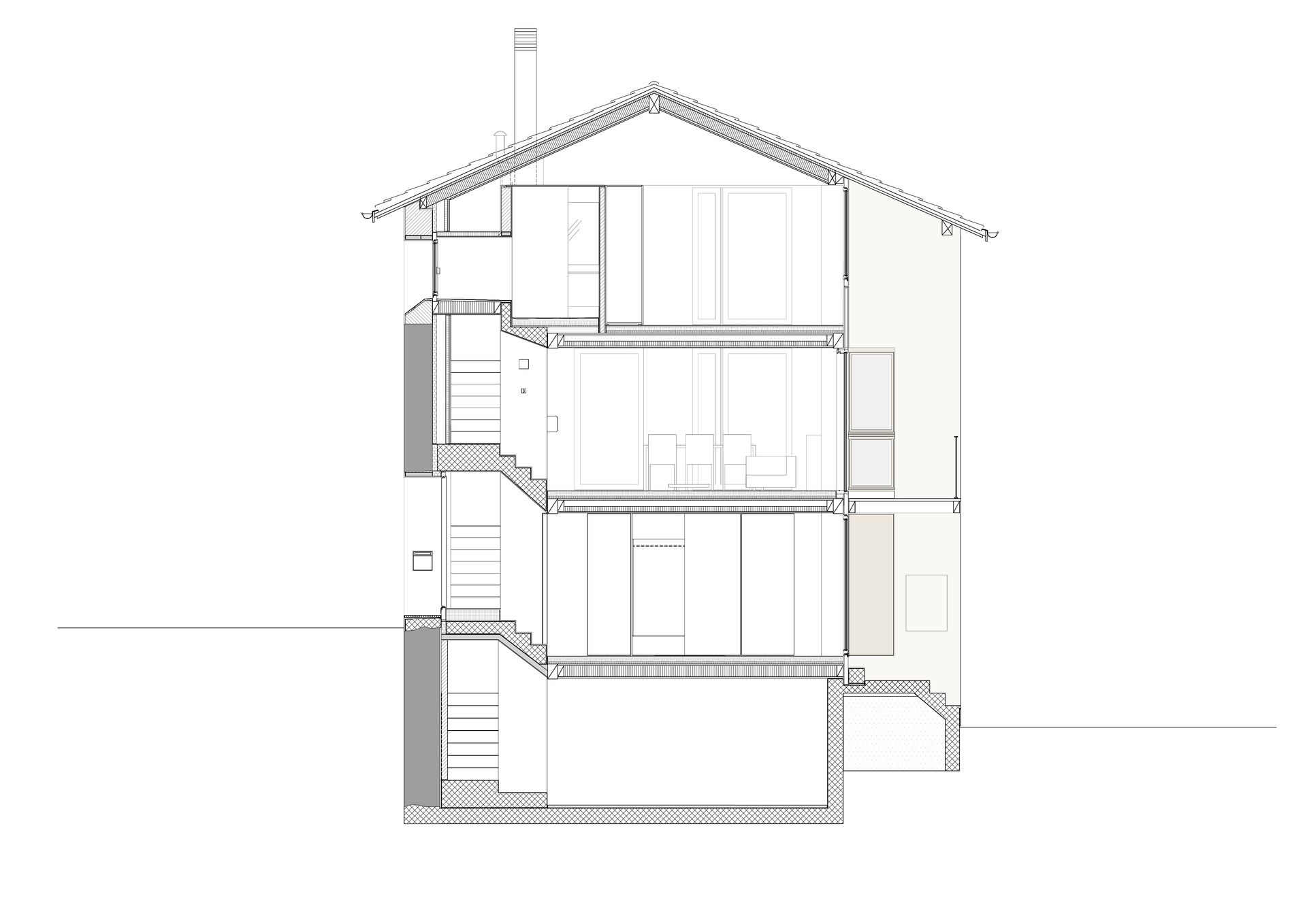 Disegno in sezione trasversale di una casa a tre piani, che mostra la disposizione e la struttura interna, con tetto a falde.