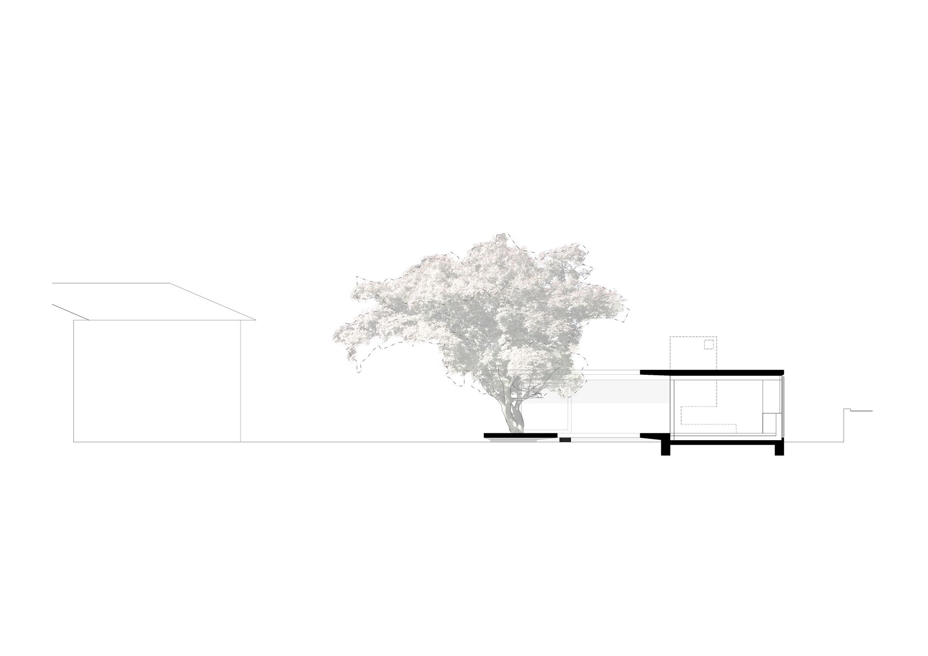 Prospetto architettonico con un albero, il profilo di un edificio e una struttura semplice sulla sinistra.