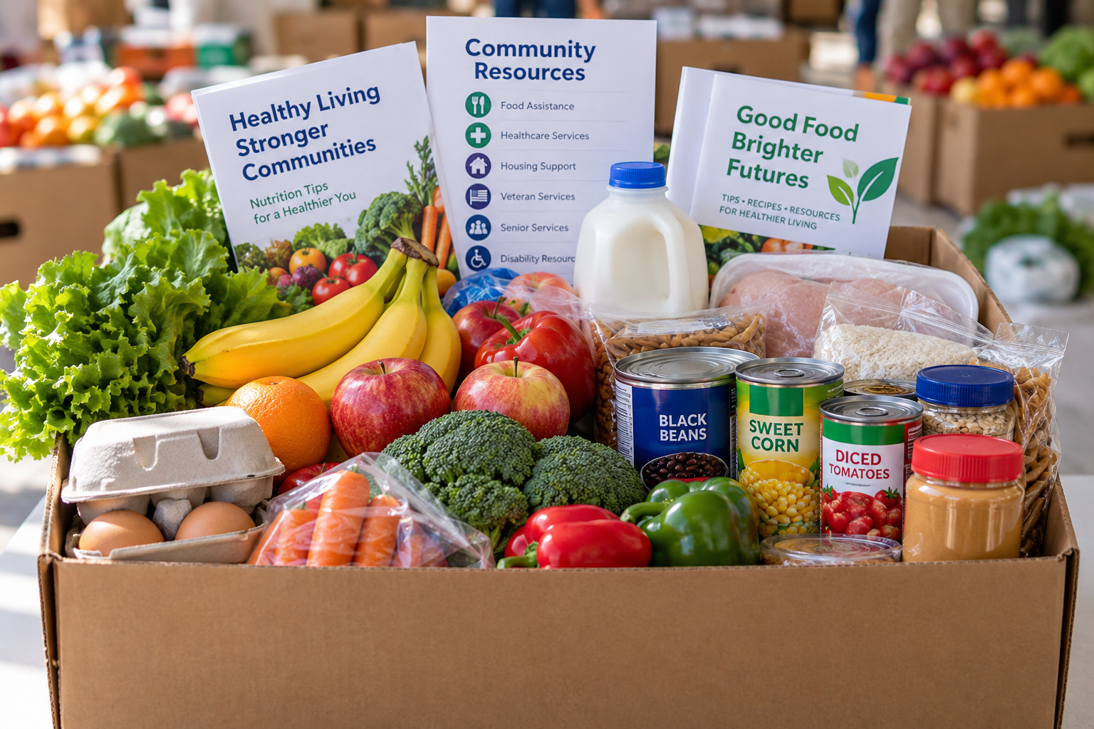 Cardboard box filled with Wise chips, canned corn and vegetables, snacks, and pudding cups.