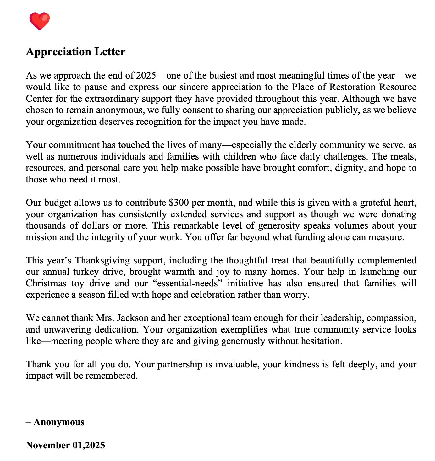 Appreciation letter with a red heart icon at top left, typed text, and November 2024 date at bottom