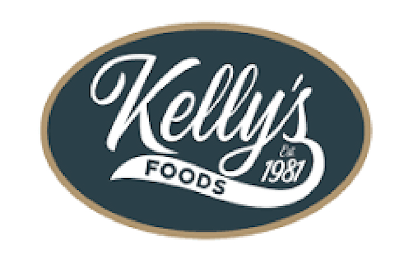 Kelly's Foods logo in white script on a dark oval with gold trim, marked 1981