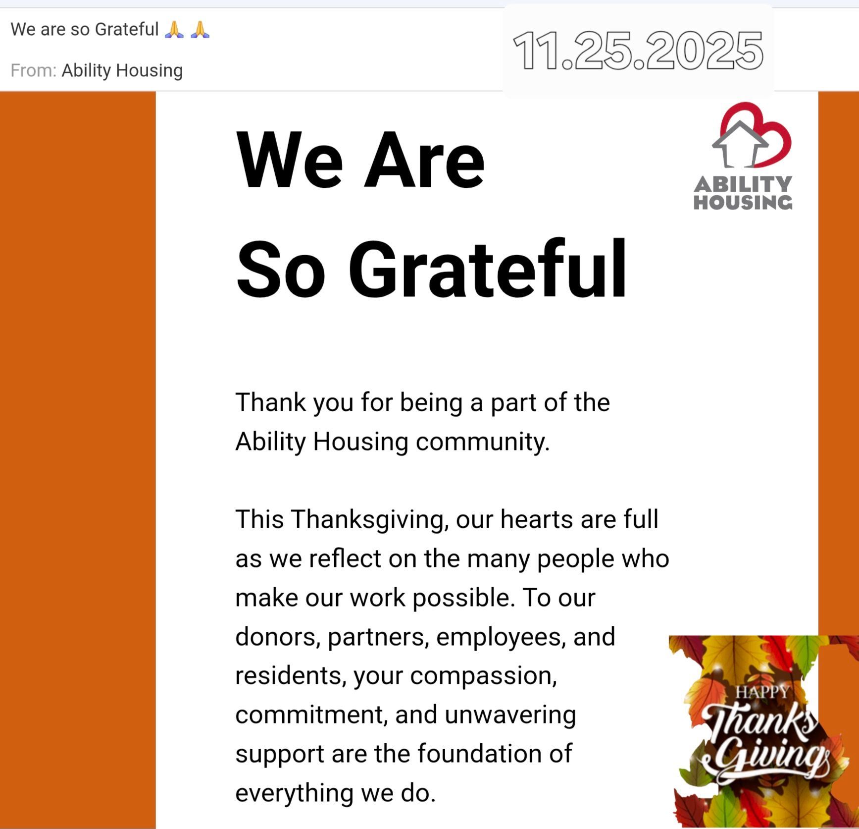 Thanksgiving gratitude flyer for Ability Housing with orange accents and “We Are So Grateful” headline