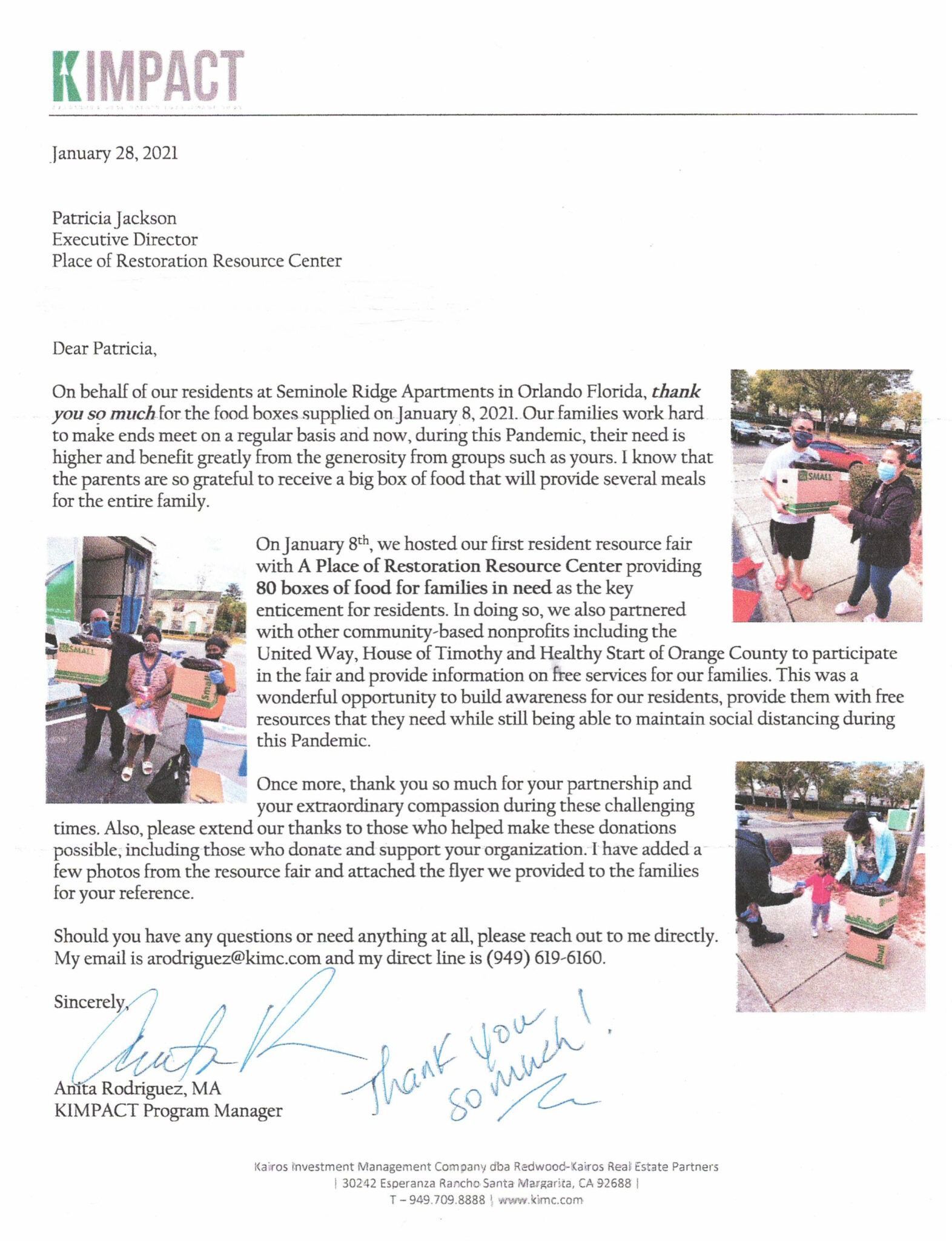 Letter with photographs of people at what appears to be a community event.