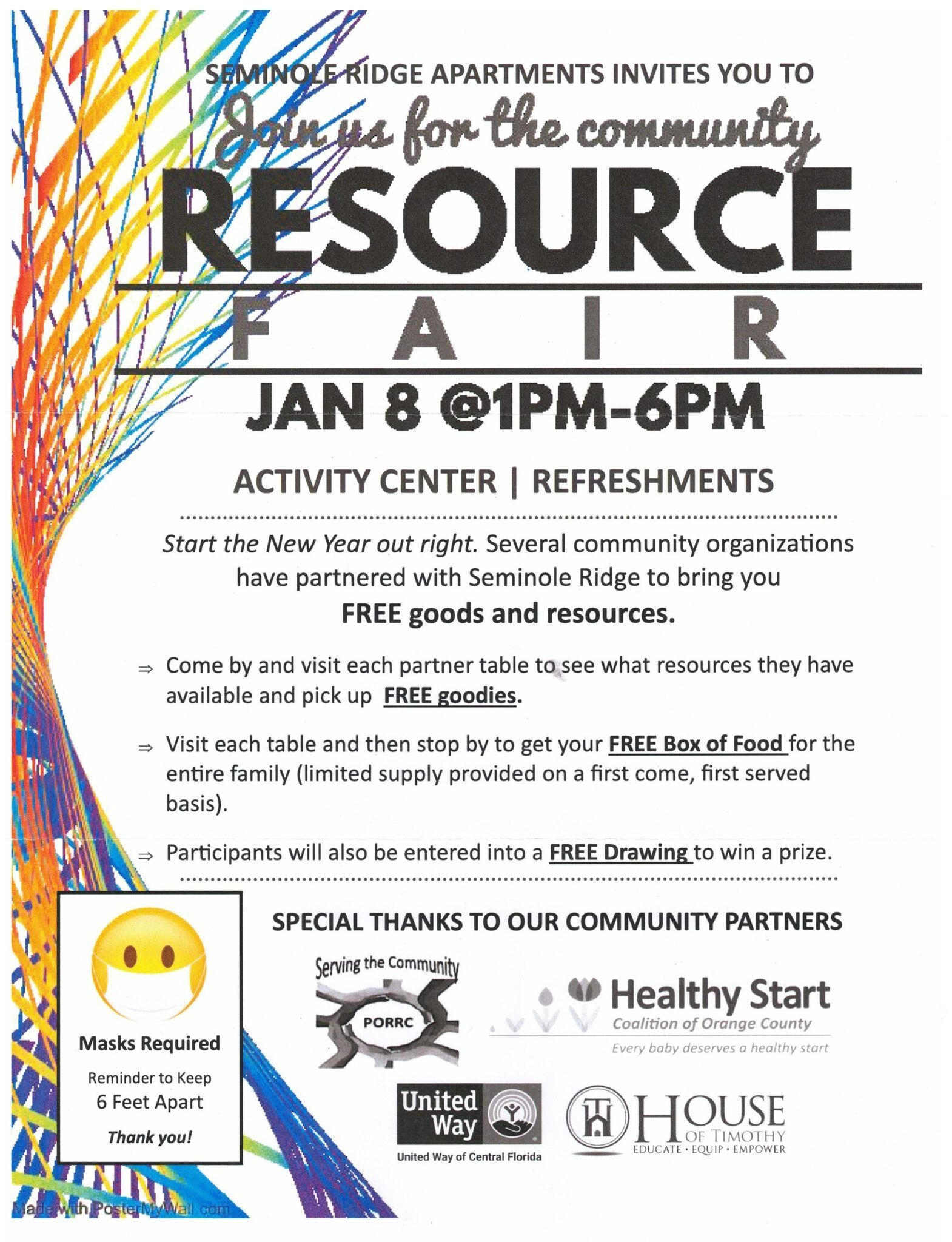 Flyer for a community resource fair on January 8th at an activity center, with refreshments.