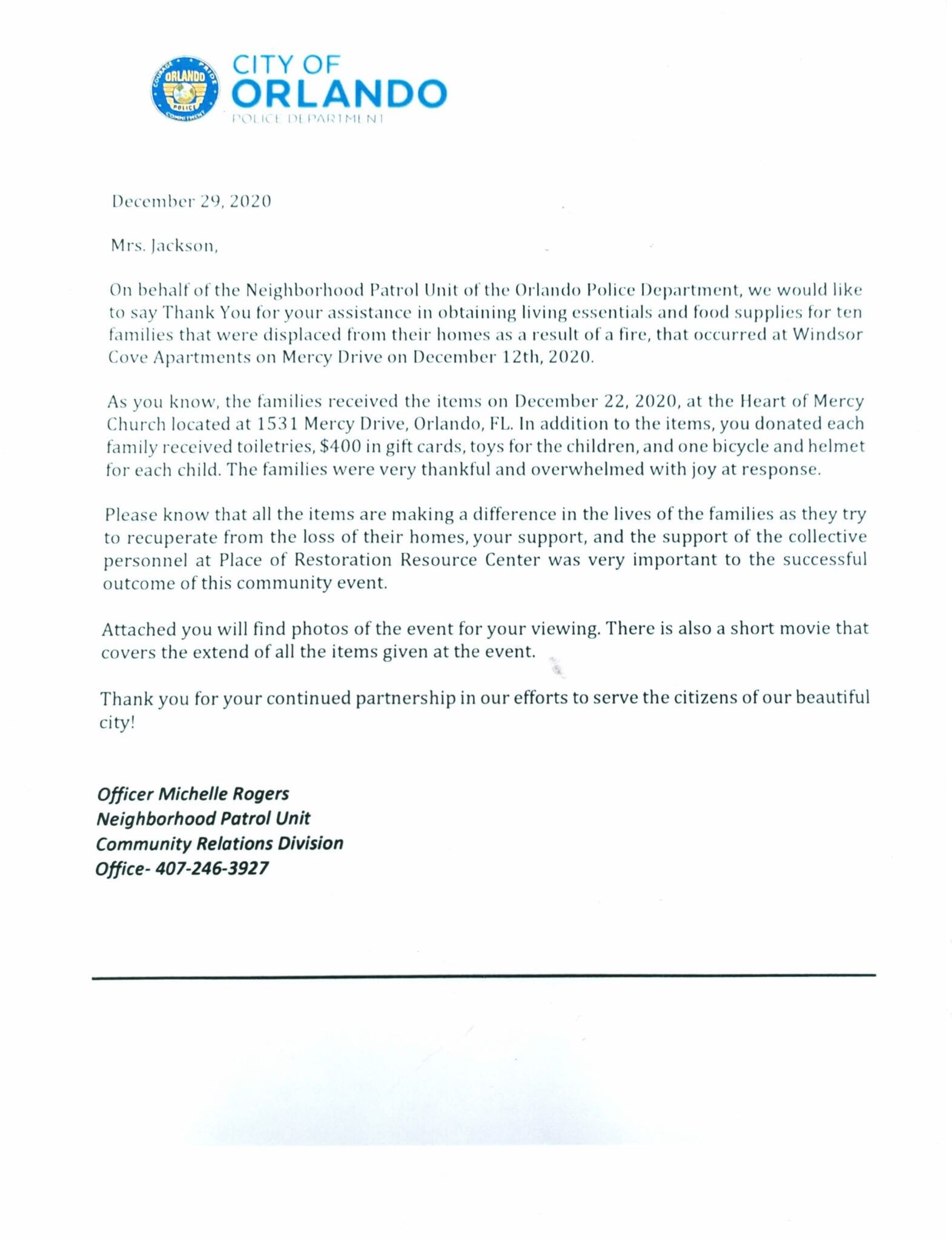 City of Orlando letterhead above a letter; text details services and contact info.