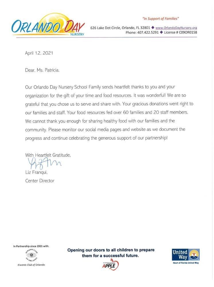 Letter from Orlando Day Nursery School thanking Patricia for donating time and resources.