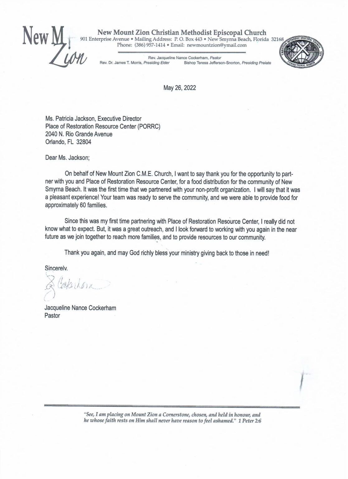Letter from New Life Church to the Executive Director of the Child Development Center, thanking them for their donation.