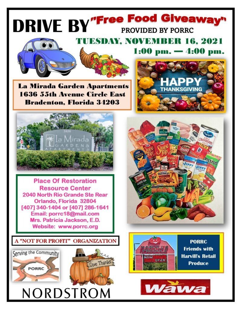 Flyer for a drive-by free food giveaway on November 16, 2021.