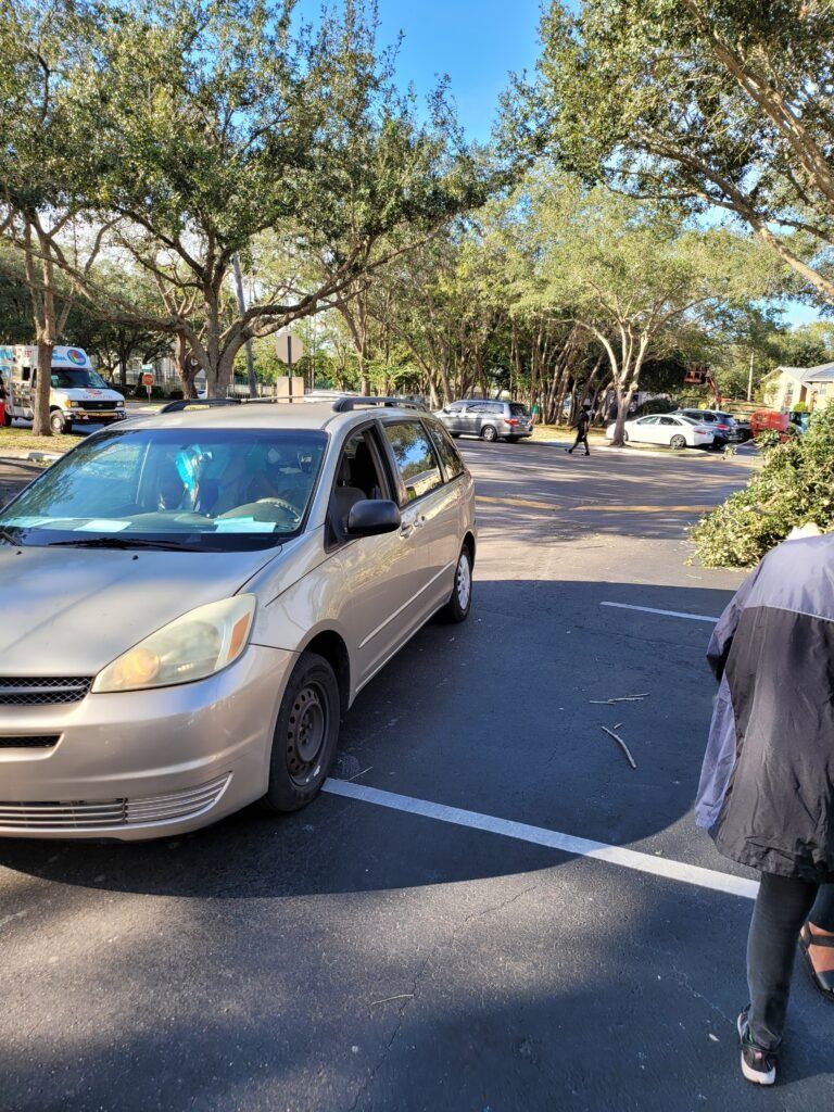 Tan minivan parked in a parking lot, person walking past. Trees and other cars are in the background. Sunny day.