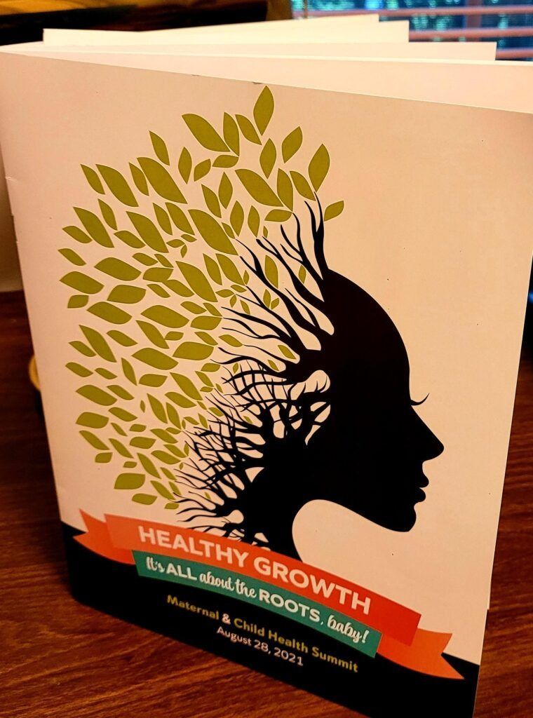 Brochure with silhouette of a head evolving into tree branches with leaves, "Healthy Growth" headline, and event details.