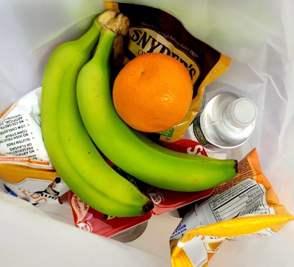 Bag with two green bananas, an orange, chips, and water bottle.