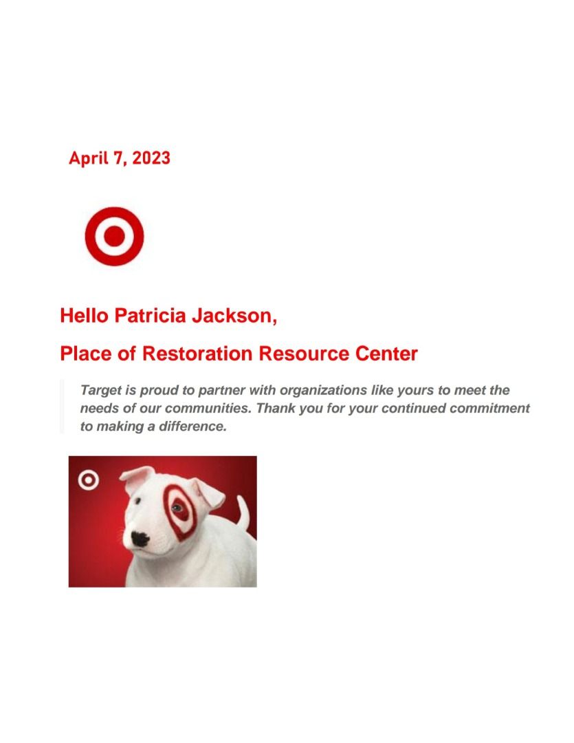 Letter from Target, dated April 7, 2023, addressed to Patricia Jackson, with Target logo, and dog.
