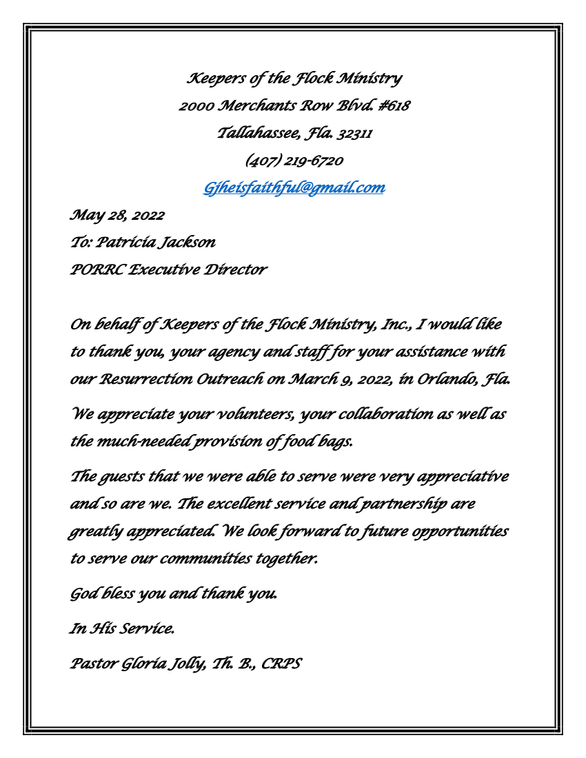 Letter of thanks from Support of the Sick Ministry to Patricia Jackson, thanking for assistance with an outreach.