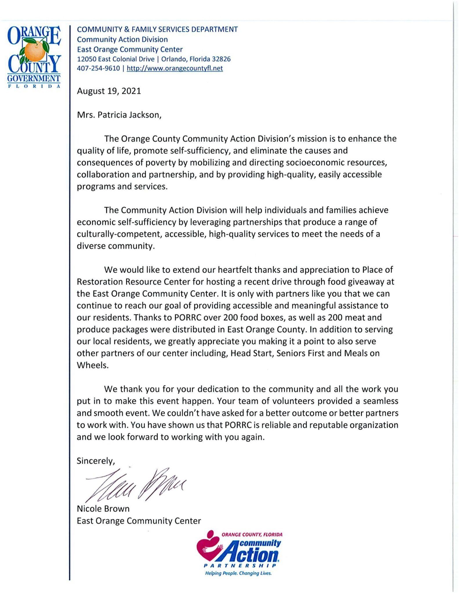 Letter from Orange City Council, text and signatures.