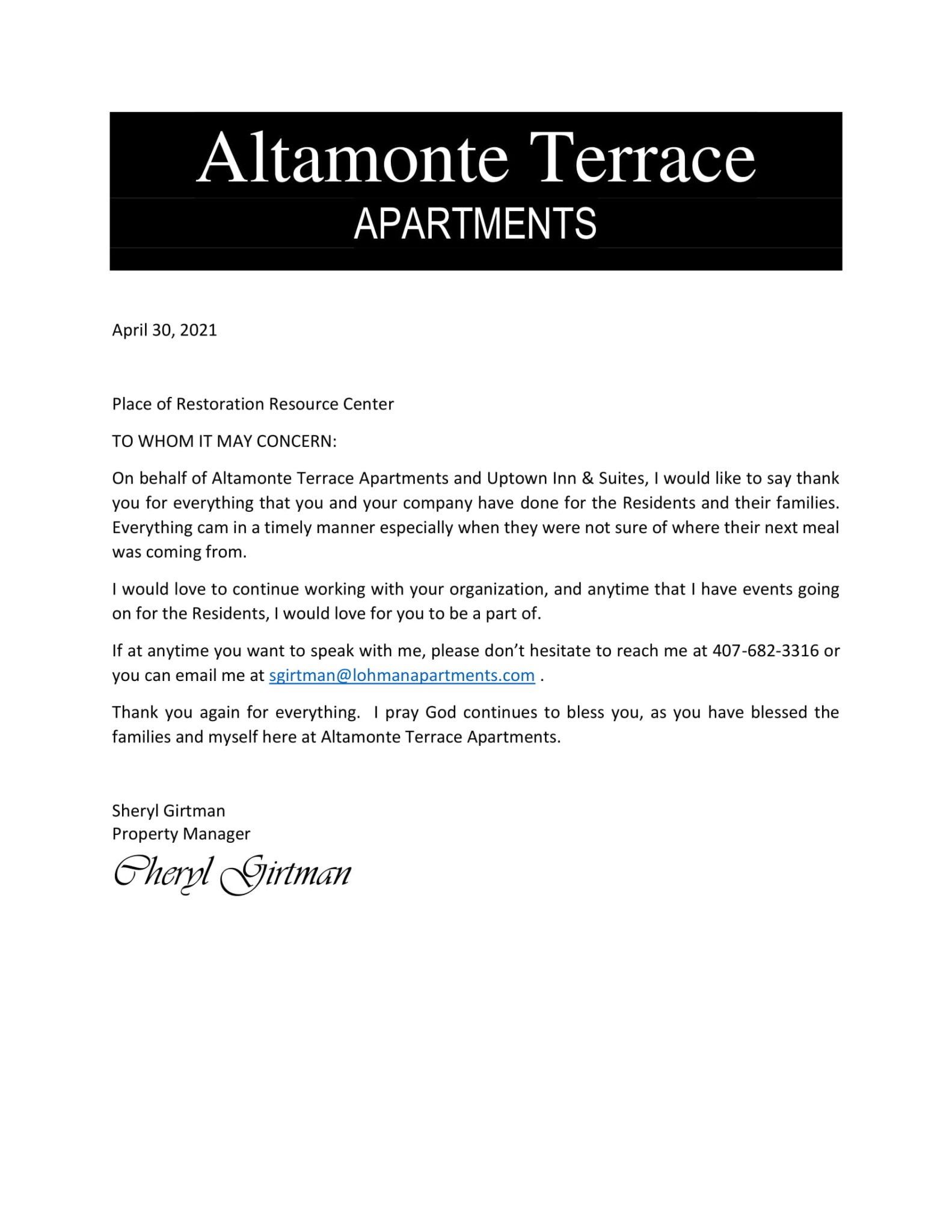 Letterhead for Altamonte Terrace Apartments. Text on white background with a dark box at top containing the apartment name.