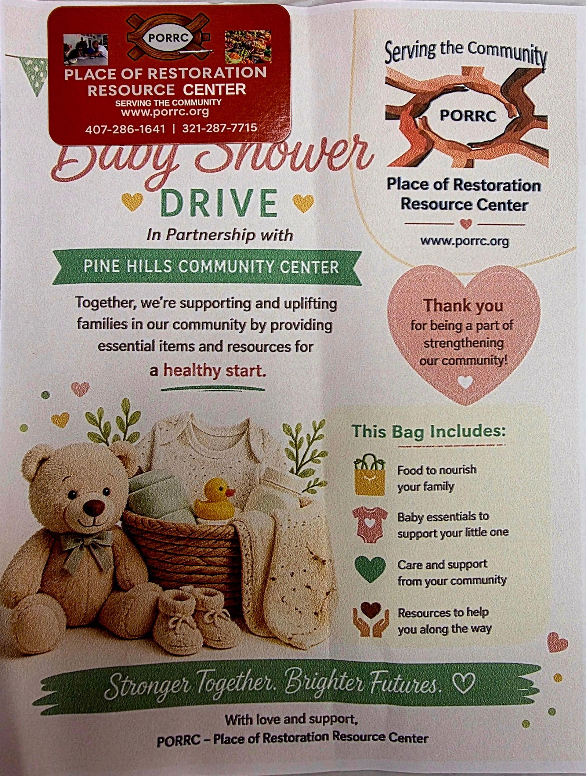 Poster for a spring shower drive at Place of Restoration Resource Center, with teddy bears and donation list.