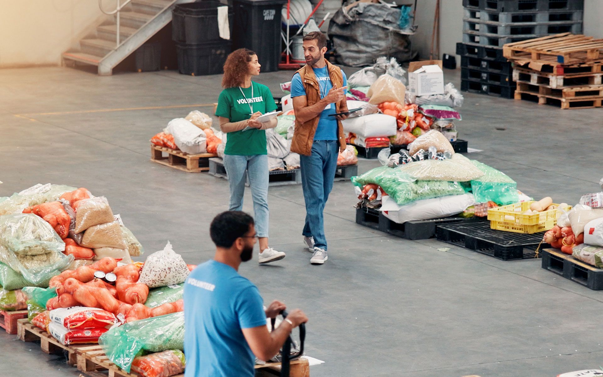 Volunteers in a warehouse sorting food donations on pallets.