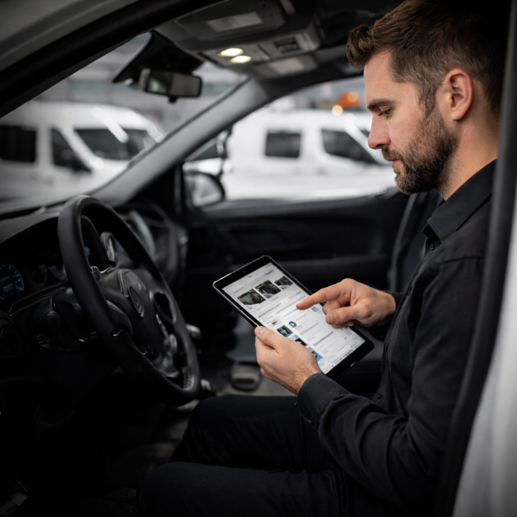 Man in a car dealership inspects a vehicle on a tablet while seated in the driver’s seat | Redhawk Auto Service - Temecula
