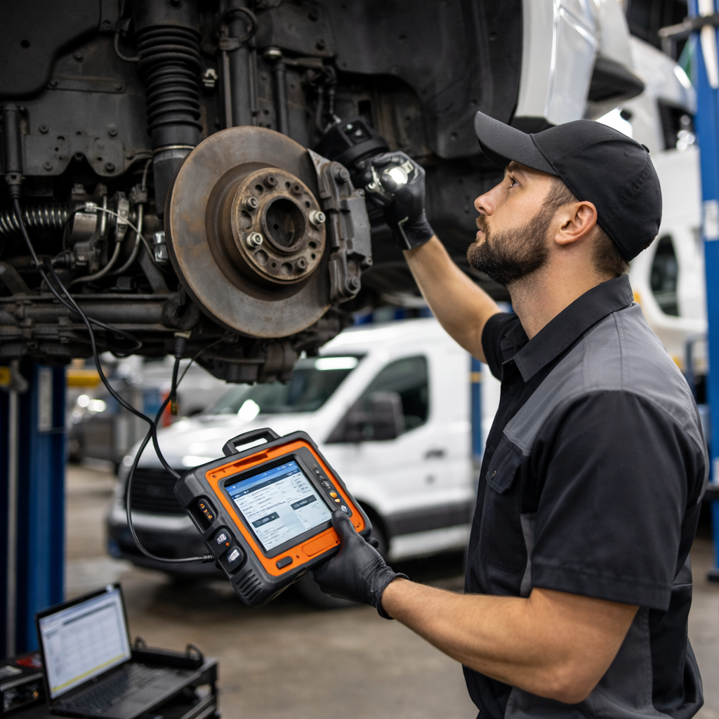 Mechanic inspecting a truck brake with a diagnostic tablet in a garage | Redhawk Auto Service - Temecula