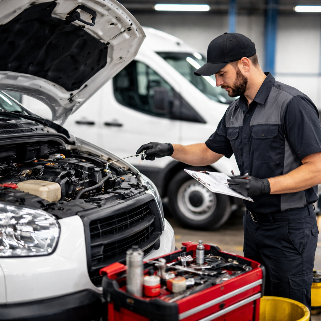 Mechanic inspecting a car engine beside a red tool cart in a repair shop | Redhawk Auto Service - Temecula