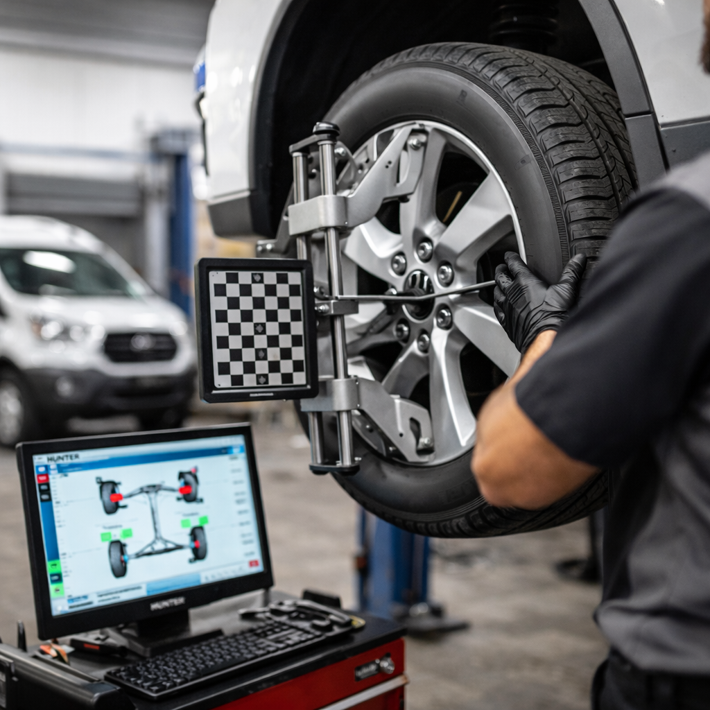 Car wheel alignment in a repair shop, with technician, diagnostic screen, and wheel sensors. | Redhawk Auto Service - Temecula