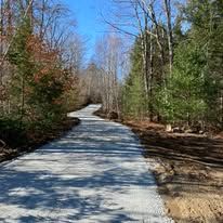 Wooded gravel path winding through bare trees and evergreens under a clear blue sky